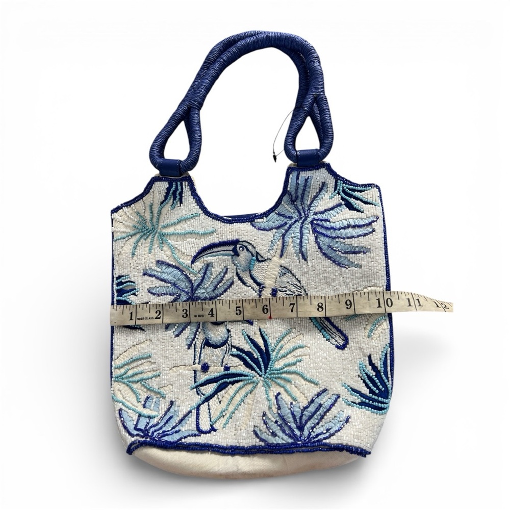 Hand-Beaded Blue & White Tropical Bird Resort Tote | Coastal Chic Like New - Picture 13 of 15